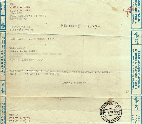 Telegrama avisa que a
Rádio da USP tocou
"Pingo" em Telegrama avisa que a
Rádio da USP tocou
"Pingo" em